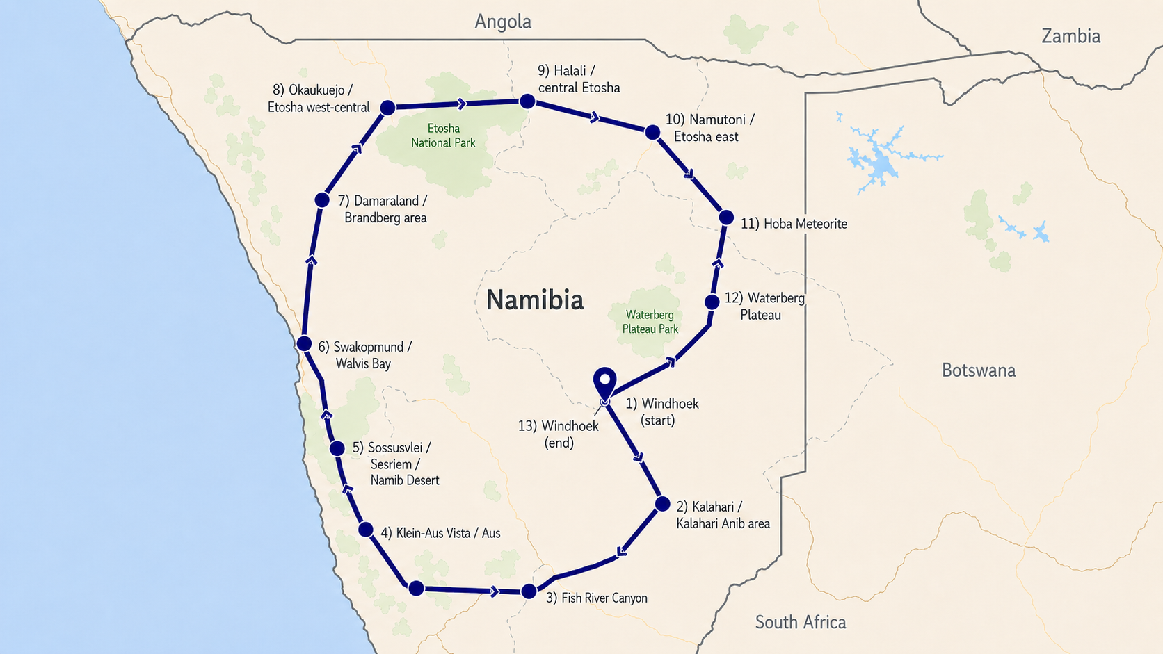 Private Guided Namibia Tour 18 Days / 17 Nights map