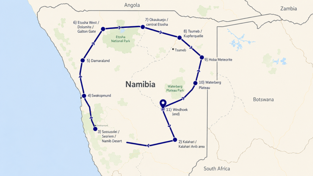 Namibia travel route infographic map