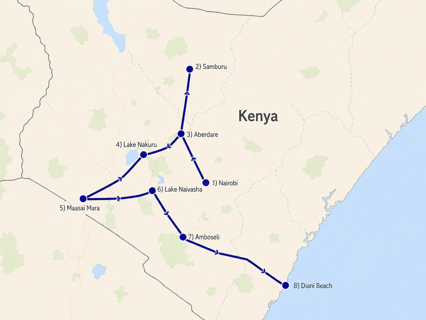 Kenya Classic Safari & Diani Beach 14 Days / 13 Nights map