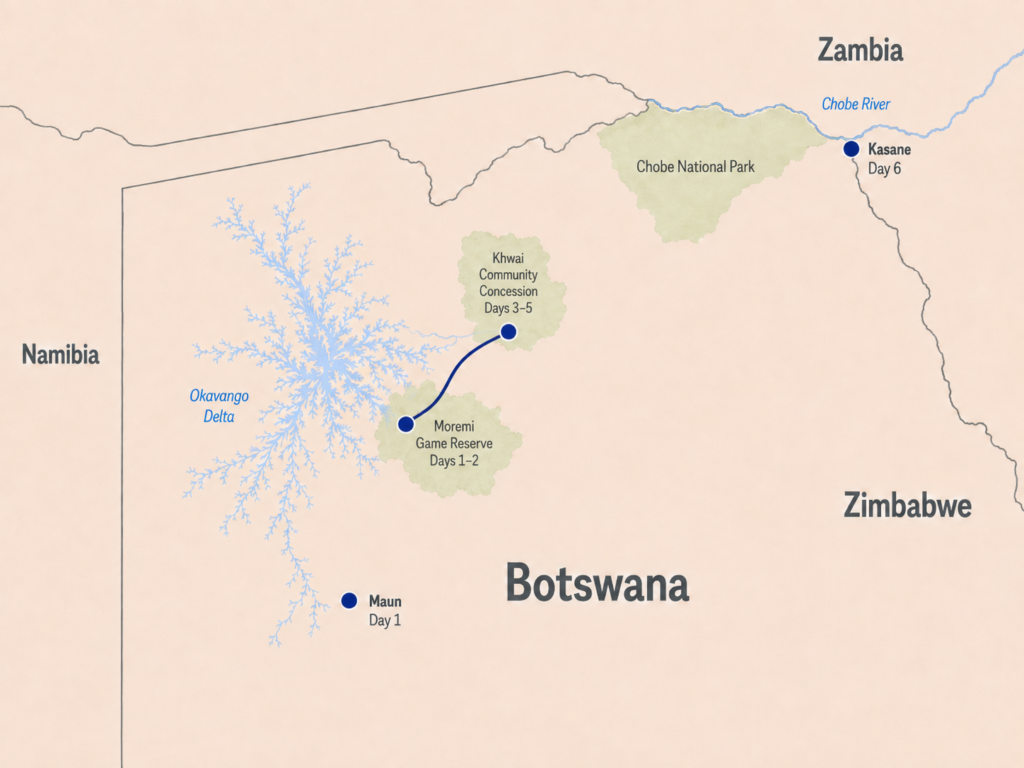 6 Days / 5 Nights Botswana Luxury Mobile Safari 1 Botswana Safari 6 days Route Map